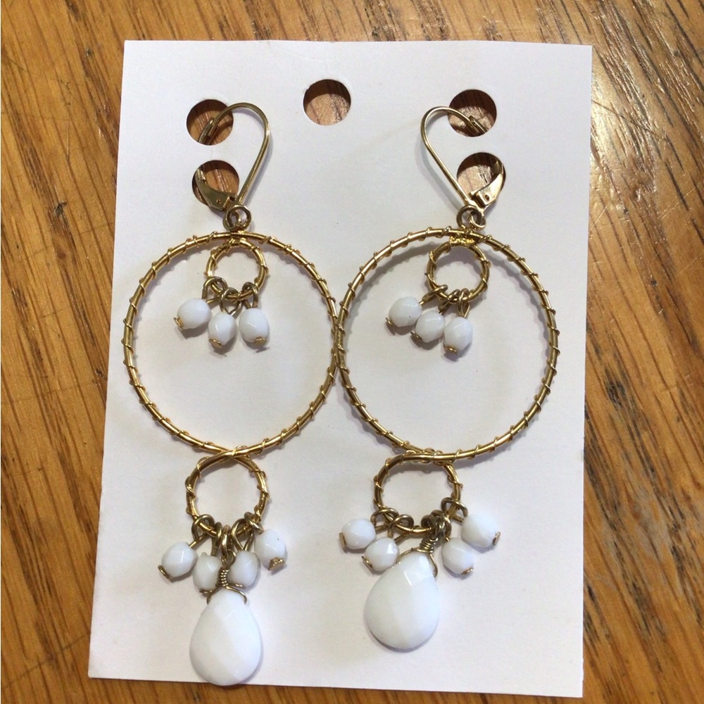 Gold and White Dangle Earrings